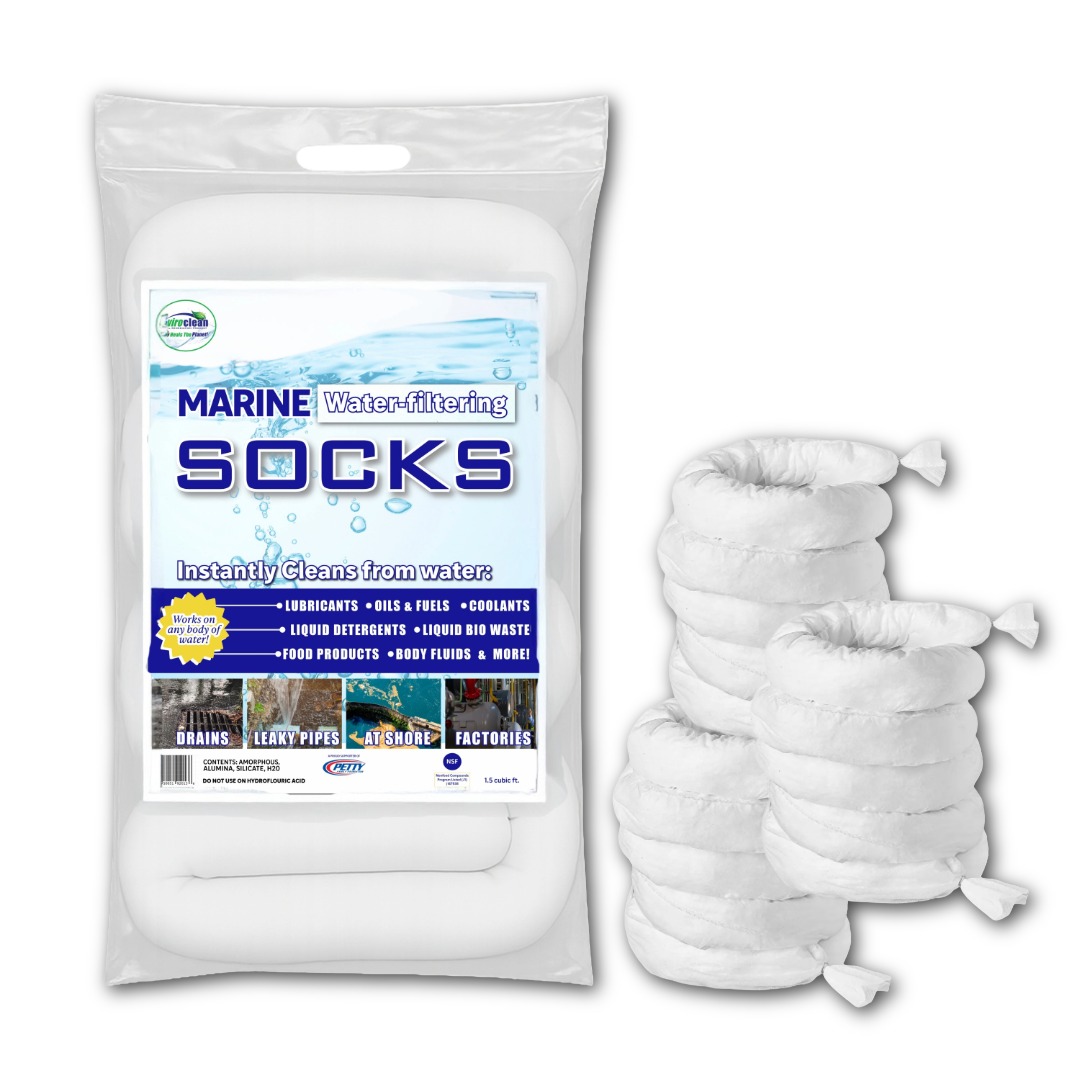 A package of NviroClean Marine Water-Filtering Socks alongside coiled absorbent socks. The packaging states “Instantly Cleans from Water” and lists uses such as lubricants, oils, fuels, coolants, detergents, bio waste, food products, and more. The socks are shown coiled with ties, designed to block and filter spills in drains, pipes, shorelines, and factories.