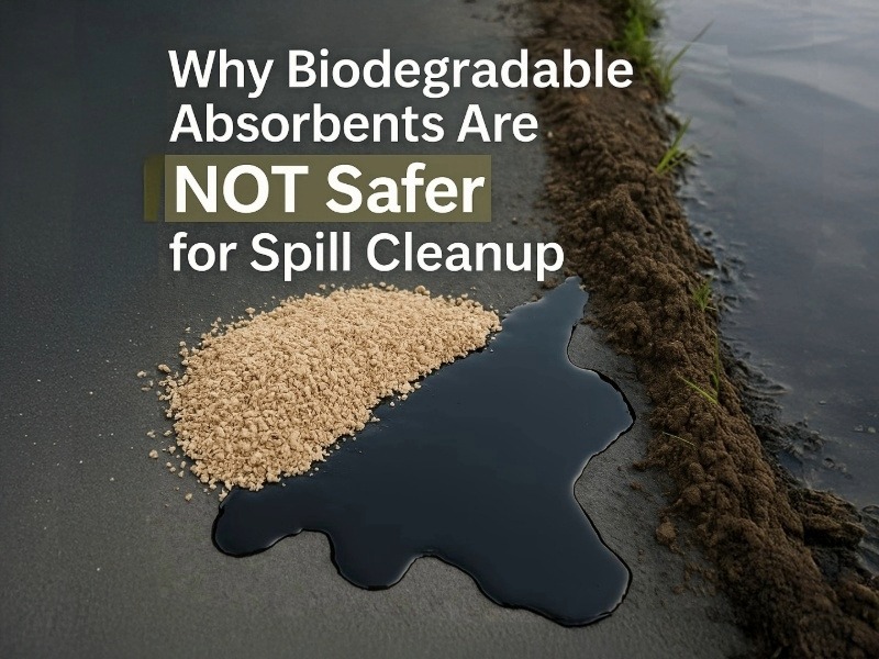 A pile of light brown biodegradable absorbent next to a dark liquid spill on a dark surface, with soil and grass at the edge. The text "Why Biodegradable Absorbents Are NOT Safer for Spill Cleanup" is overlaid. Title: Ineffective Spill Cleanup with Biodegradable Absorbents Caption: This image illustrates the potential ineffectiveness of biodegradable absorbents in containing or cleaning up a liquid spill, highlighting the need for safer alternatives. Description: The image depicts a dark liquid spill on a dark, possibly paved, surface, with a pile of light brown, granular biodegradable absorbent material next to it. The absorbent does not appear to be effectively containing or absorbing the spill, suggesting its limitations. The background shows a strip of soil with green grass, implying an outdoor or industrial setting where spills might occur. The overlaid text, "Why Biodegradable Absorbents Are NOT Safer for Spill Cleanup,