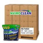 A pallet stacked with NviroClean Spill Remediation Product. The pallet holds 48 cases, each with three 5-lb bags, for a total of 144 bags. In front of the pallet, three green and blue NviroClean bags are displayed, showing the product’s claim: instantly absorbs and encapsulates spills for a safe, eco-friendly cleanup.