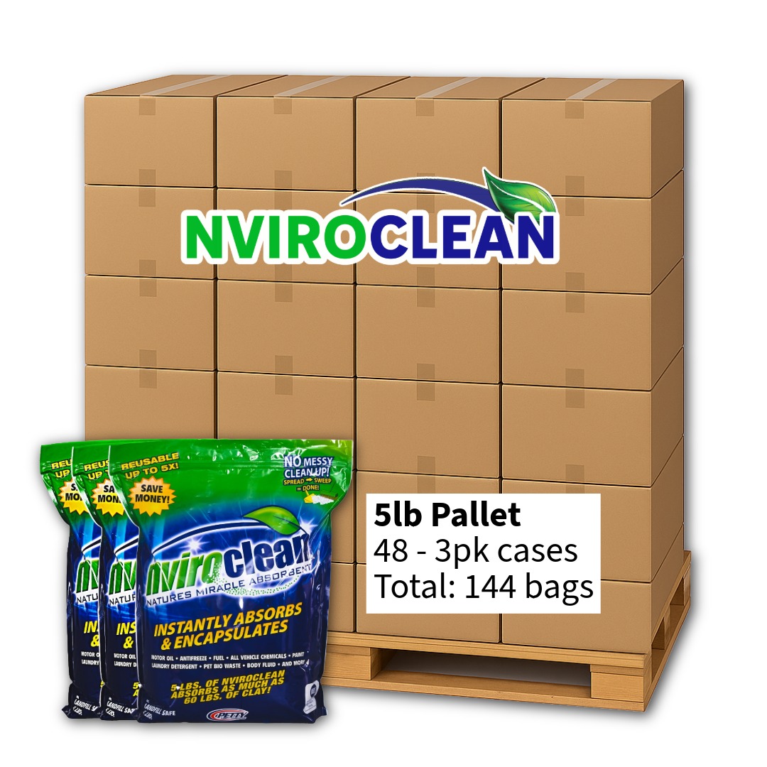 A pallet stacked with NviroClean Spill Remediation Product. The pallet holds 48 cases, each with three 5-lb bags, for a total of 144 bags. In front of the pallet, three green and blue NviroClean bags are displayed, showing the product’s claim: instantly absorbs and encapsulates spills for a safe, eco-friendly cleanup.
