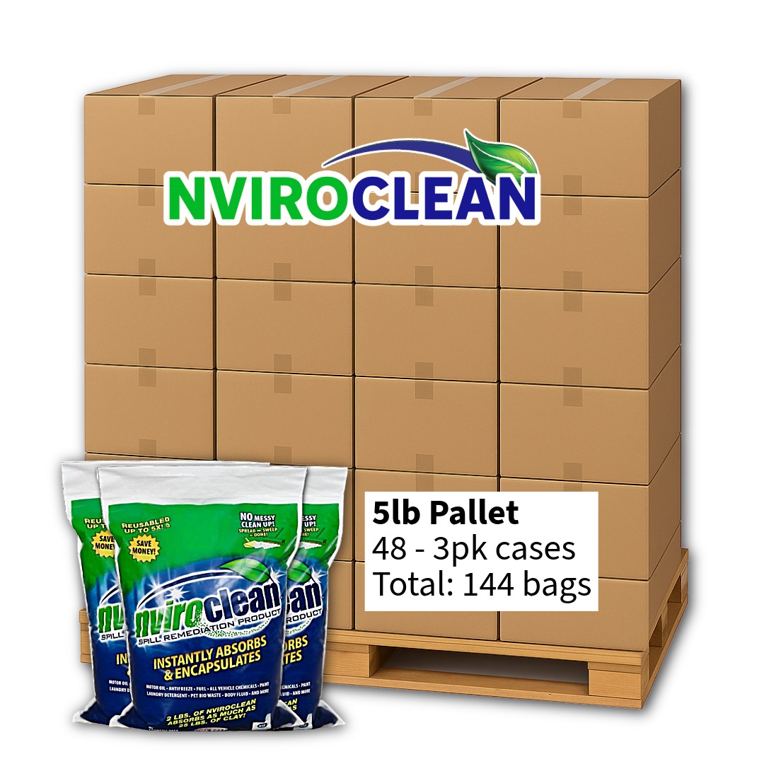 A pallet stacked with NviroClean Spill Remediation Product. The pallet contains 48 cases, each with three 2-pound bags, for a total of 144 bags. In front of the pallet, three green and blue NviroClean bags are displayed, showing that the product instantly absorbs and encapsulates spills, offering a reusable and eco-friendly cleanup solution.
