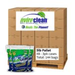 A pallet stacked with NviroClean Spill Remediation Product. The pallet contains 48 cases, each with three 2-pound bags, for a total of 144 bags. In front of the pallet, three green and blue NviroClean bags are displayed, showing that the product instantly absorbs and encapsulates spills, offering a reusable and eco-friendly cleanup solution.