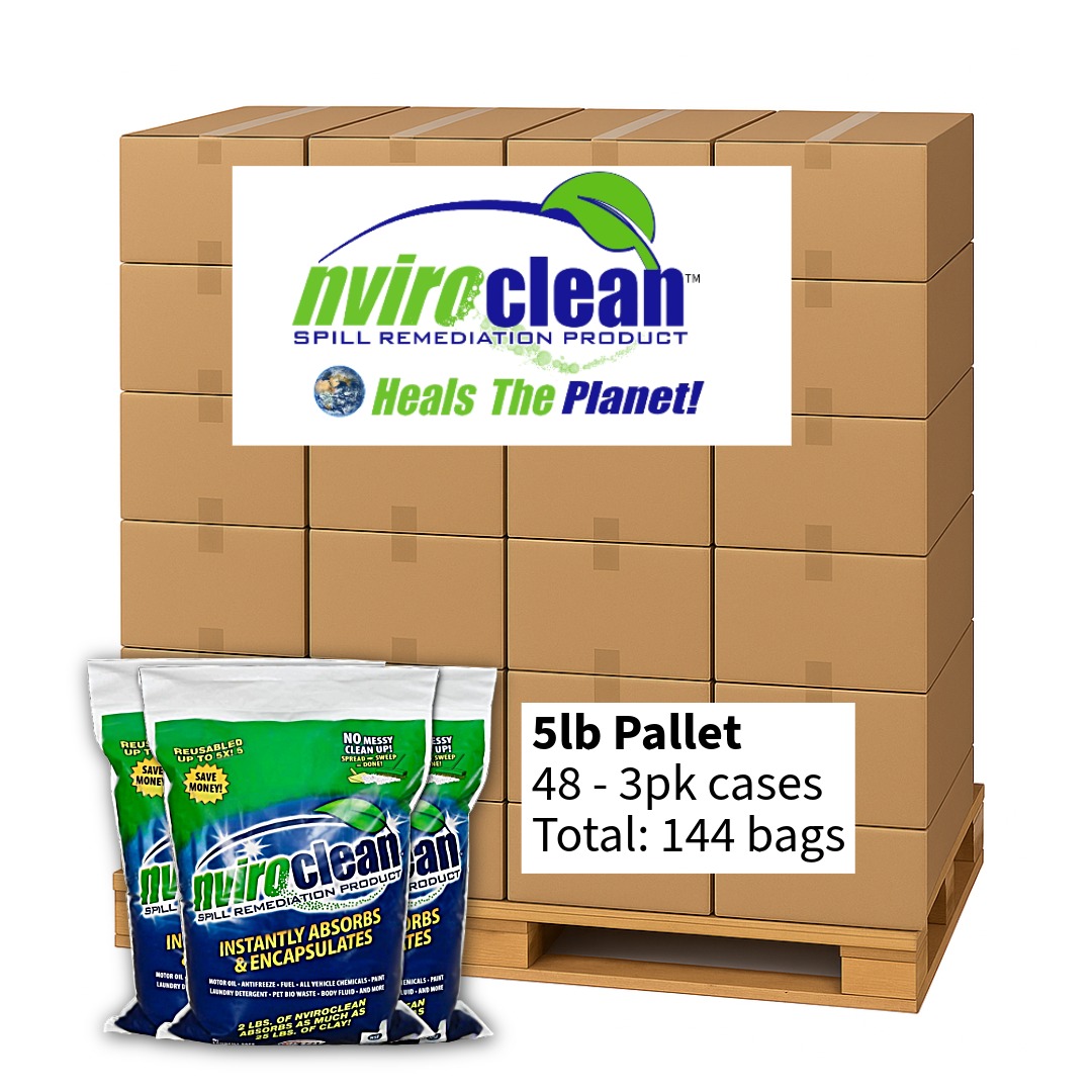A pallet stacked with NviroClean Spill Remediation Product. The pallet contains 48 cases, each with three 2-pound bags, for a total of 144 bags. In front of the pallet, three green and blue NviroClean bags are displayed, showing that the product instantly absorbs and encapsulates spills, offering a reusable and eco-friendly cleanup solution.