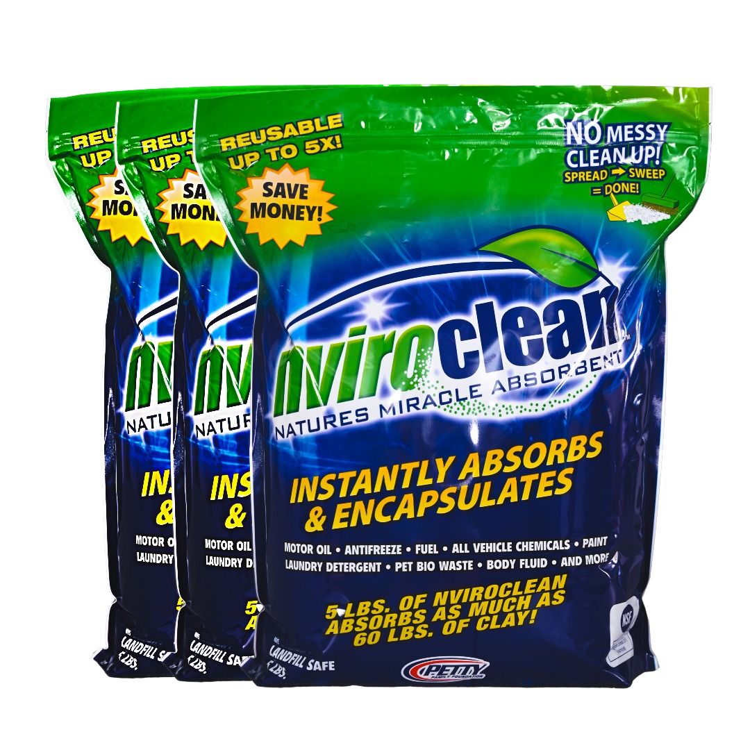 Three 5-lb bags of NviroClean Spill Remediation Product, shown in green and blue packaging. Text on the bags highlights that it instantly absorbs and encapsulates spills, replaces heavy clay absorbents, and is reusable up to five times.